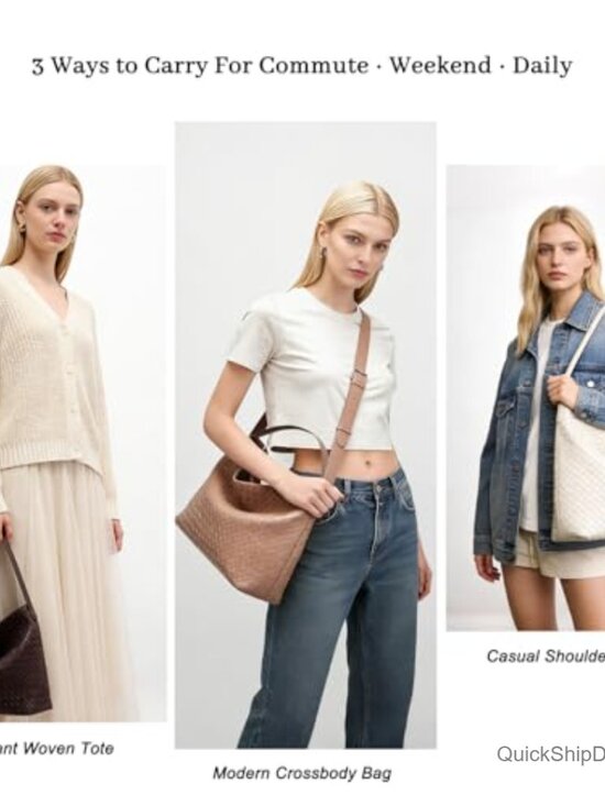 Vegan Leather Woven Tote Bag with Adjustable Strap and Pockets - Picture 4 of 7